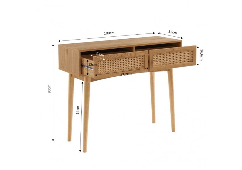 Console INES effet chêne et cannage rotin 2 tiroirs