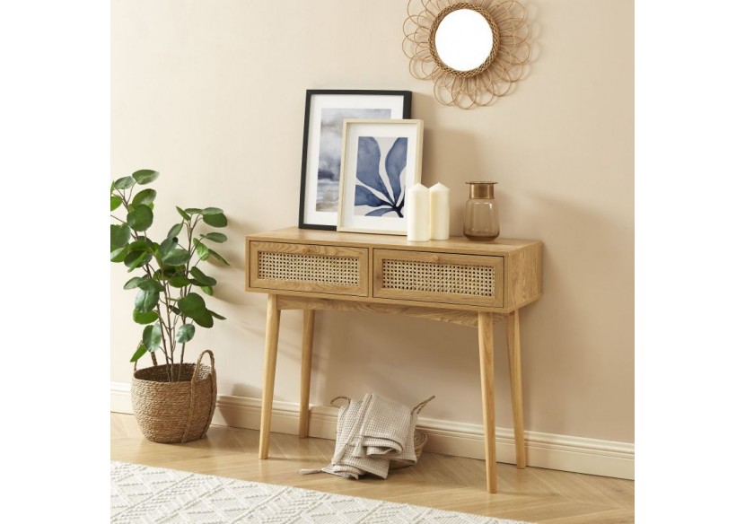 Console INES effet chêne et cannage rotin 2 tiroirs