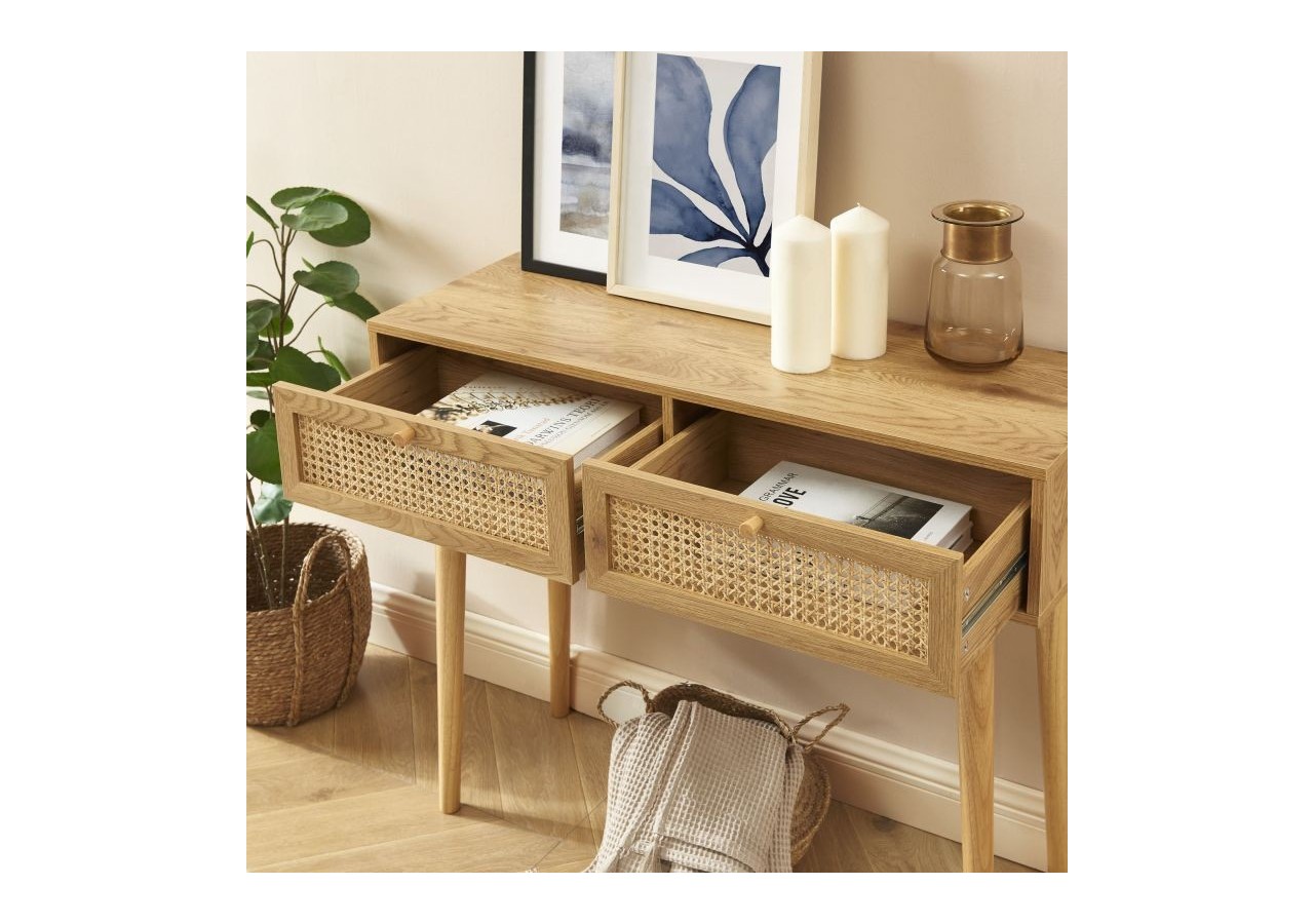 Console INES effet chêne et cannage rotin 2 tiroirs