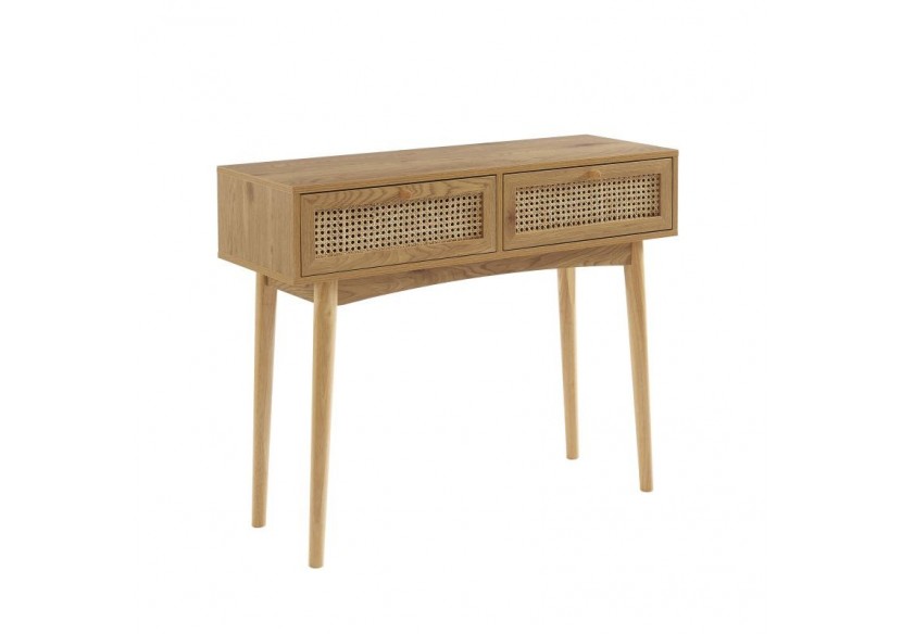 Console INES effet chêne et cannage rotin 2 tiroirs