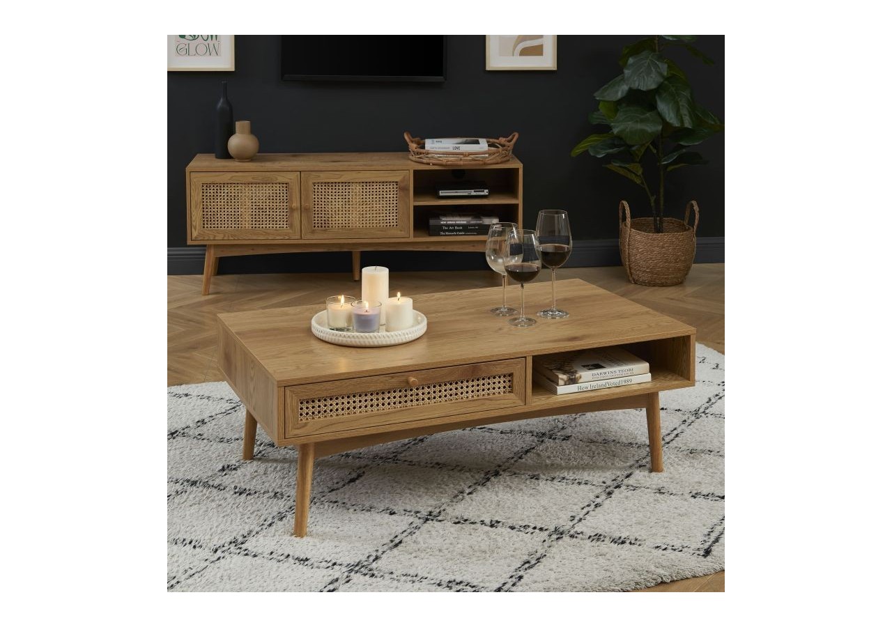 Table basse INES effet chêne et cannage rotin
