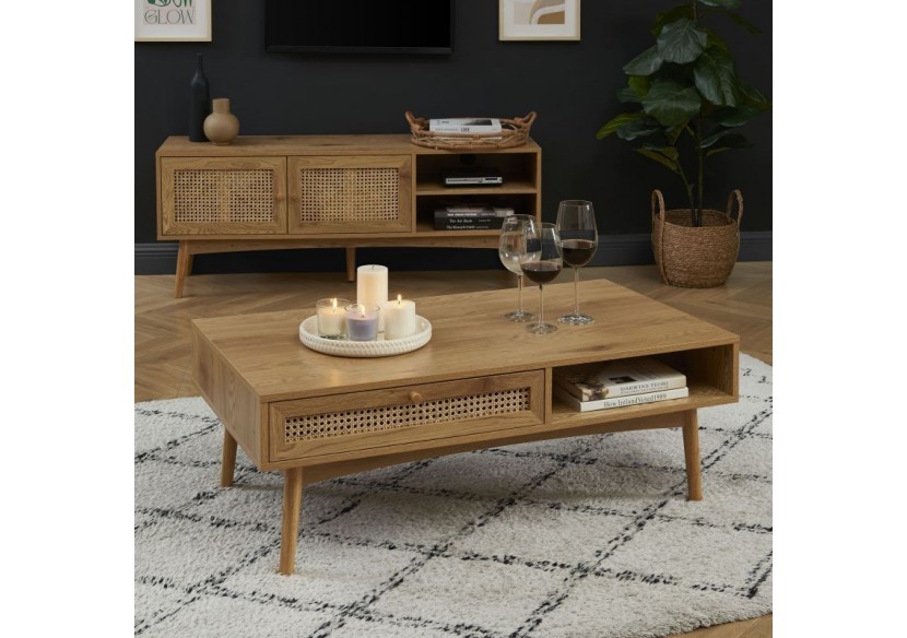 Table basse INES effet chêne et cannage rotin
