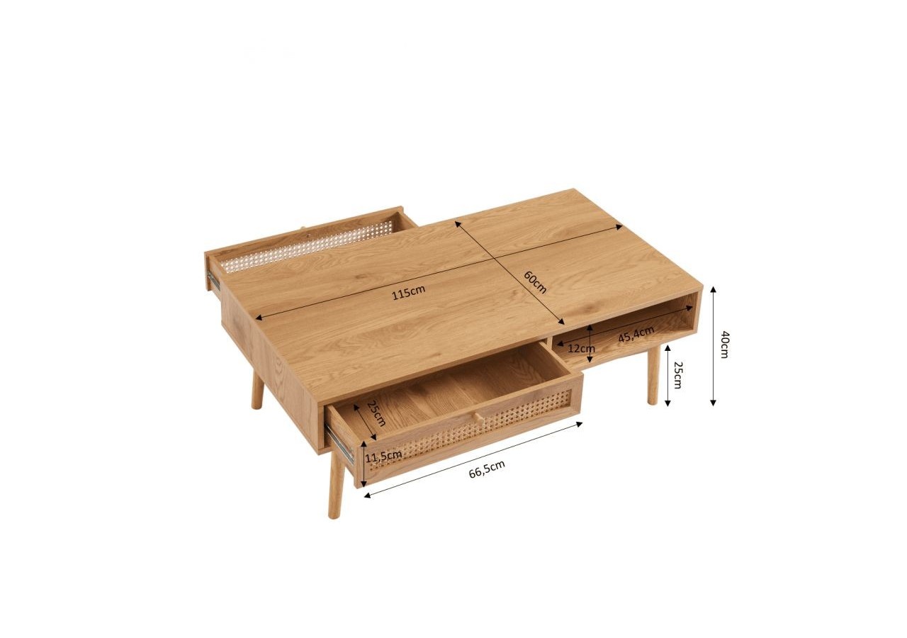 Table basse INES effet chêne et cannage rotin