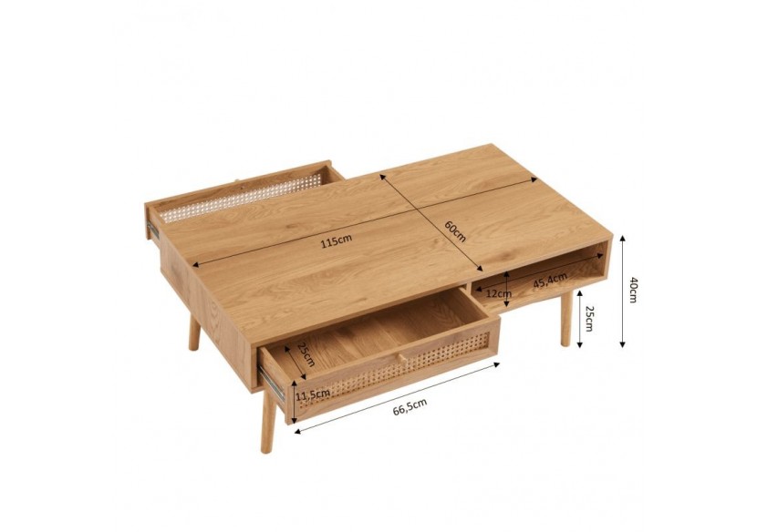 Table basse INES effet chêne et cannage rotin