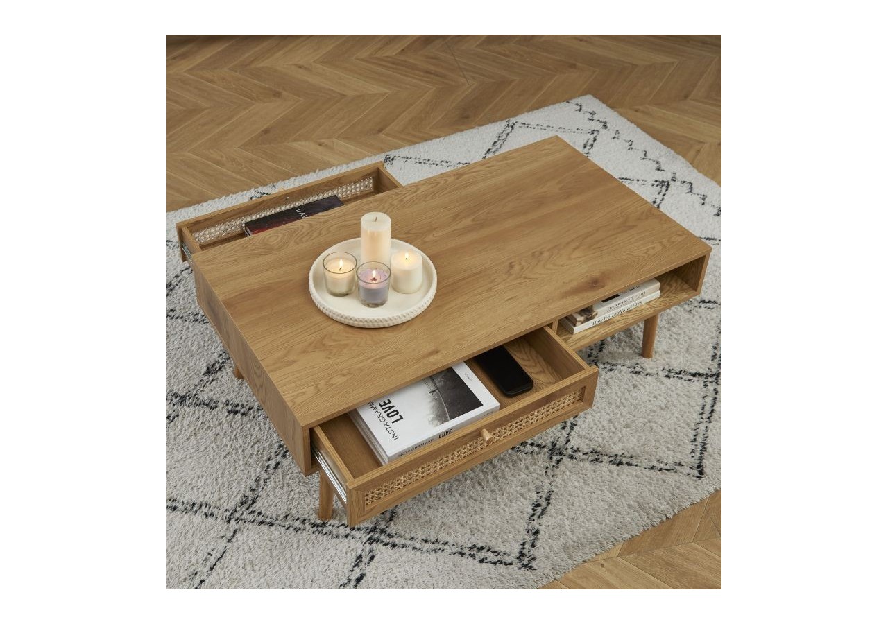Table basse INES effet chêne et cannage rotin