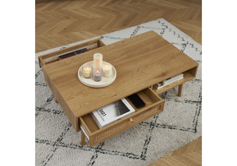 Table basse INES effet chêne et cannage rotin