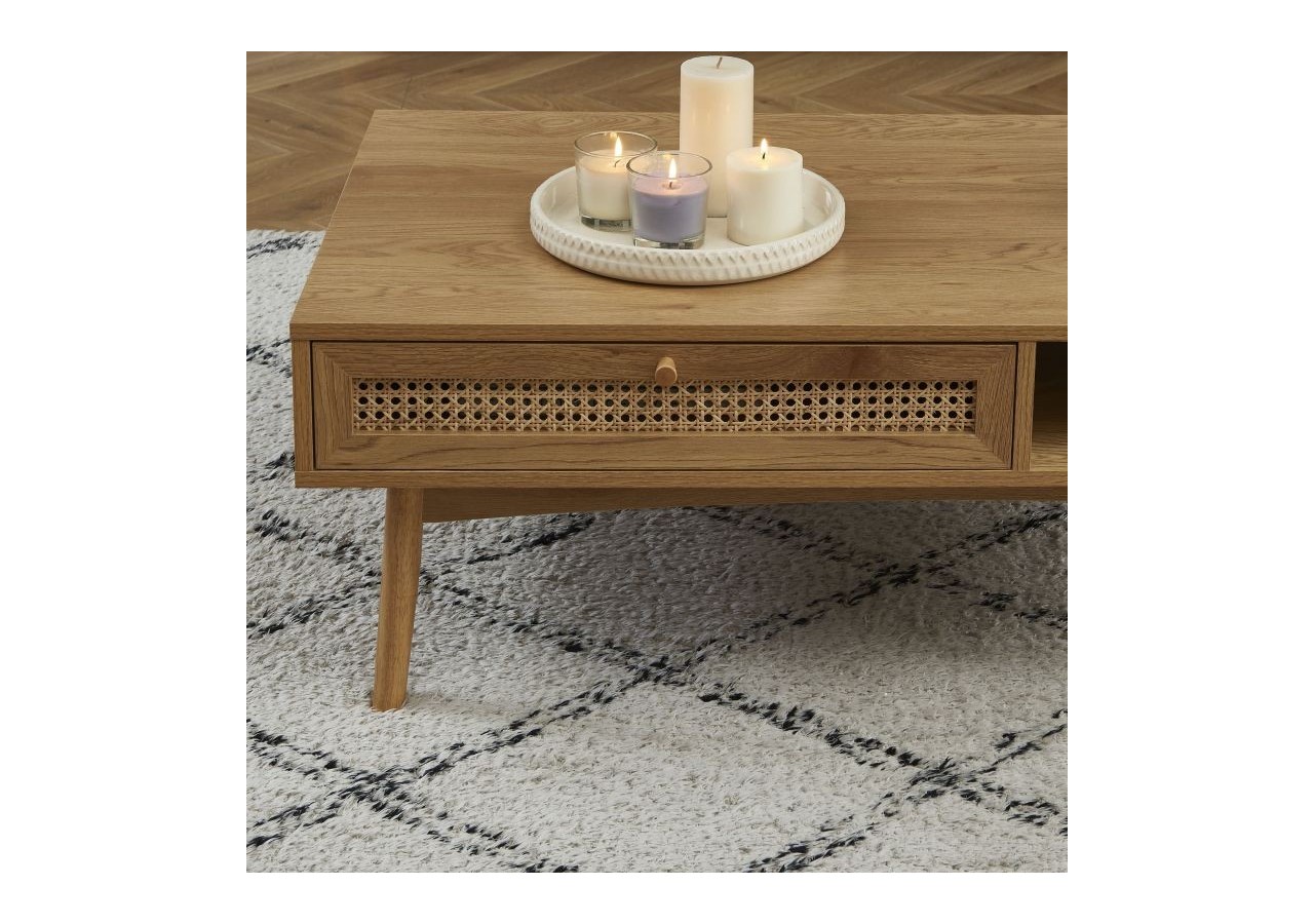 Table basse INES effet chêne et cannage rotin
