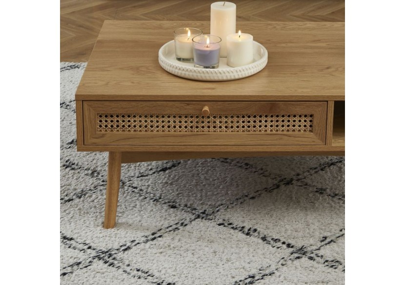 Table basse INES effet chêne et cannage rotin