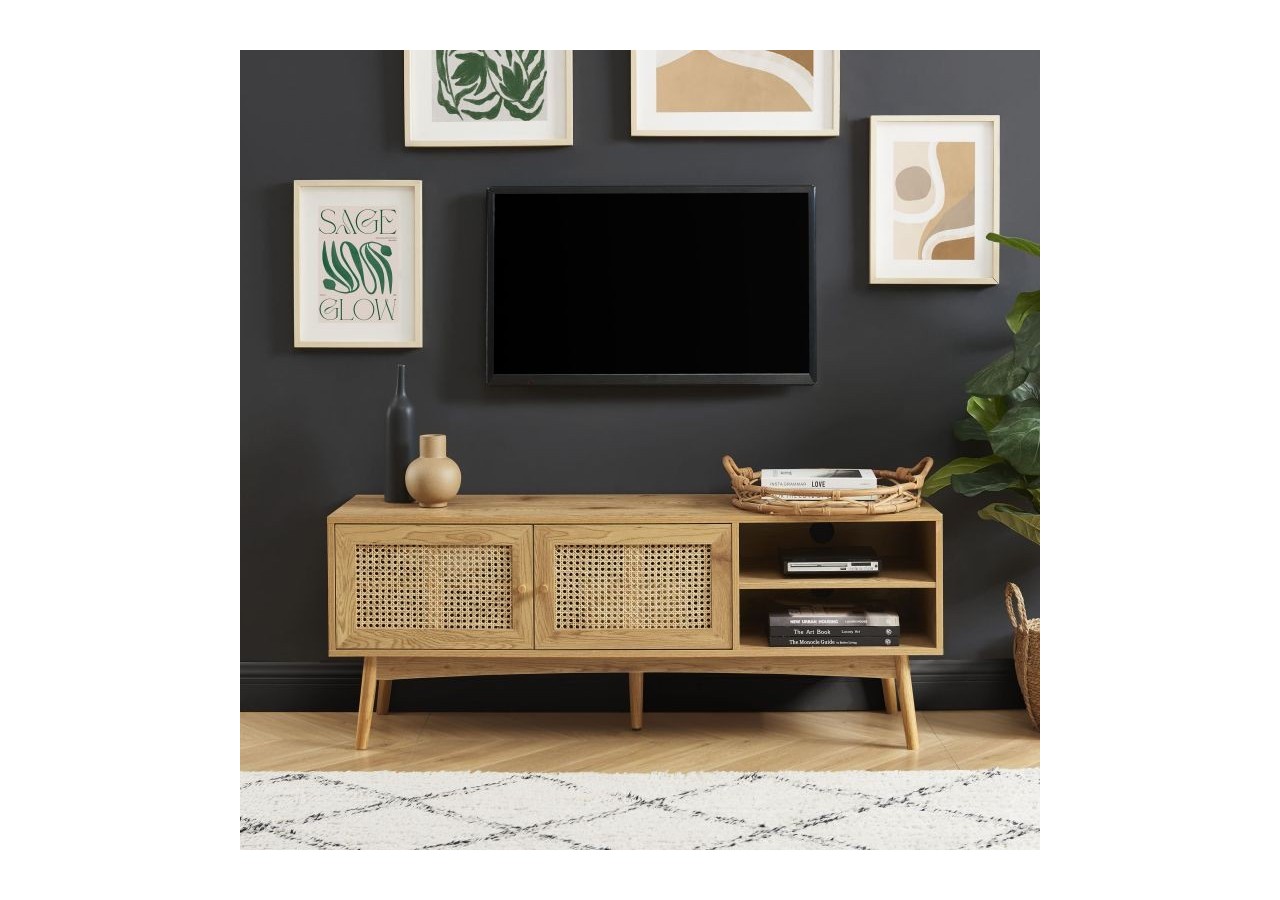 Meuble tv INES effet chêne et cannage rotin 140cm