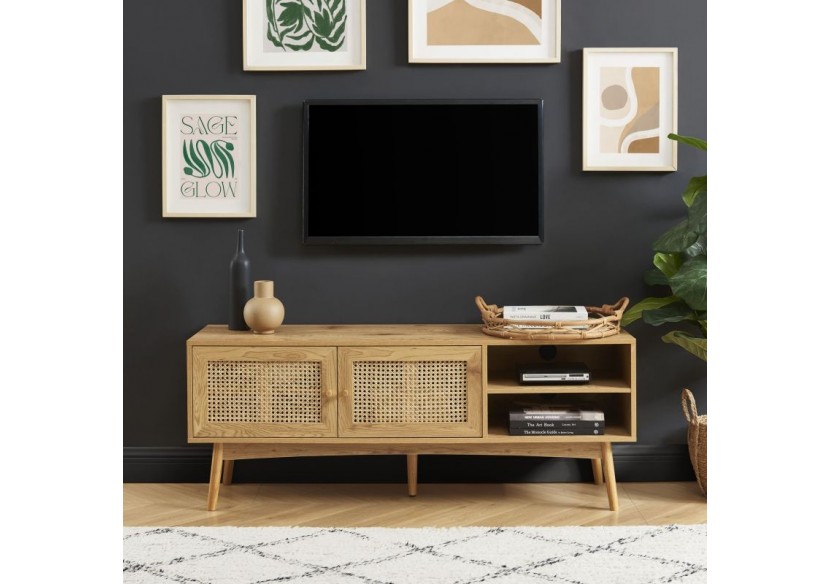 Meuble tv INES effet chêne et cannage rotin 140cm