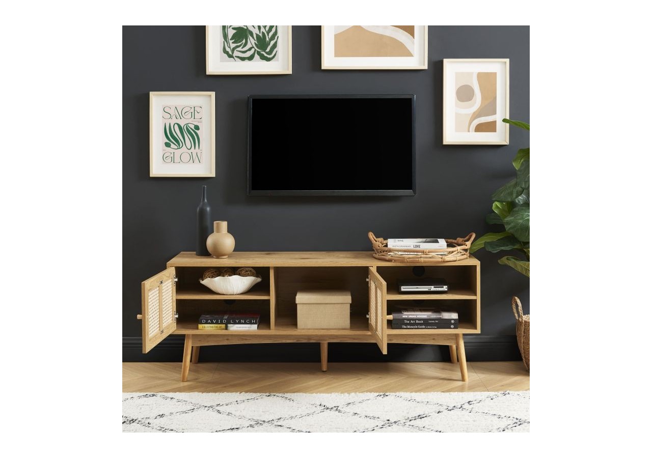 Meuble tv INES effet chêne et cannage rotin 140cm