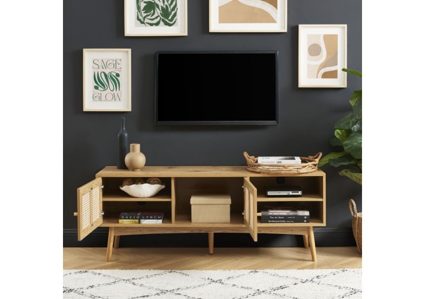 Meuble tv INES effet chêne et cannage rotin 140cm