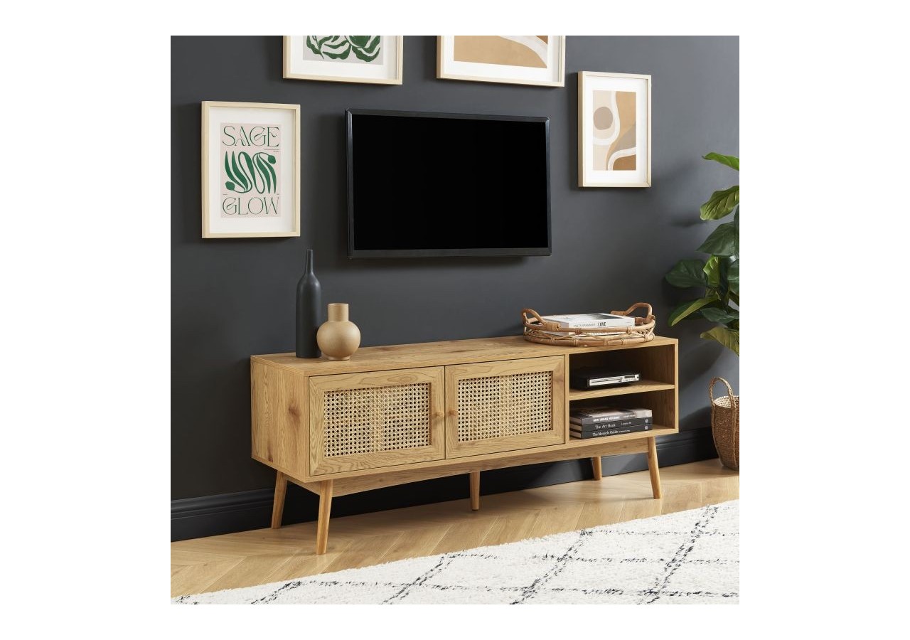 Meuble tv INES effet chêne et cannage rotin 140cm