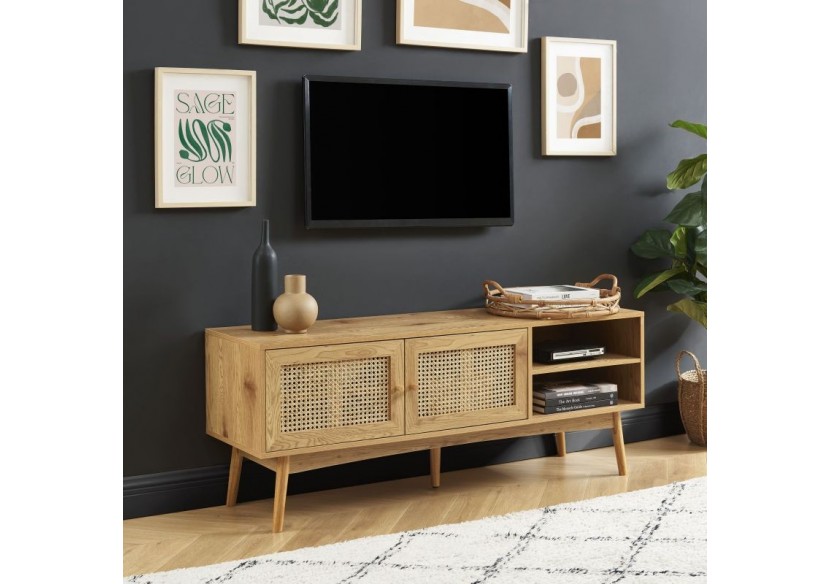 Meuble tv INES effet chêne et cannage rotin 140cm