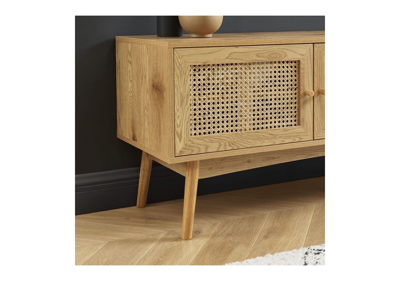 Meuble tv INES effet chêne et cannage rotin 140cm