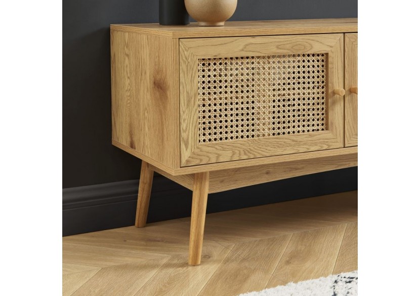 Meuble tv INES effet chêne et cannage rotin 140cm