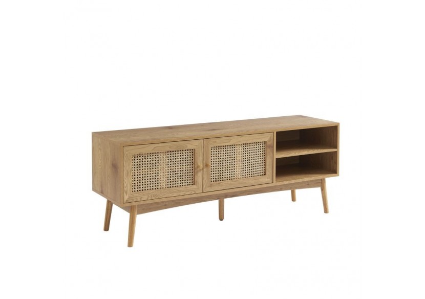 Meuble tv INES effet chêne et cannage rotin 140cm