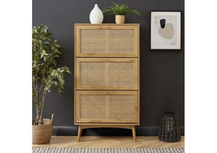 Meuble à chaussures INES effet chêne et cannage rotin 2