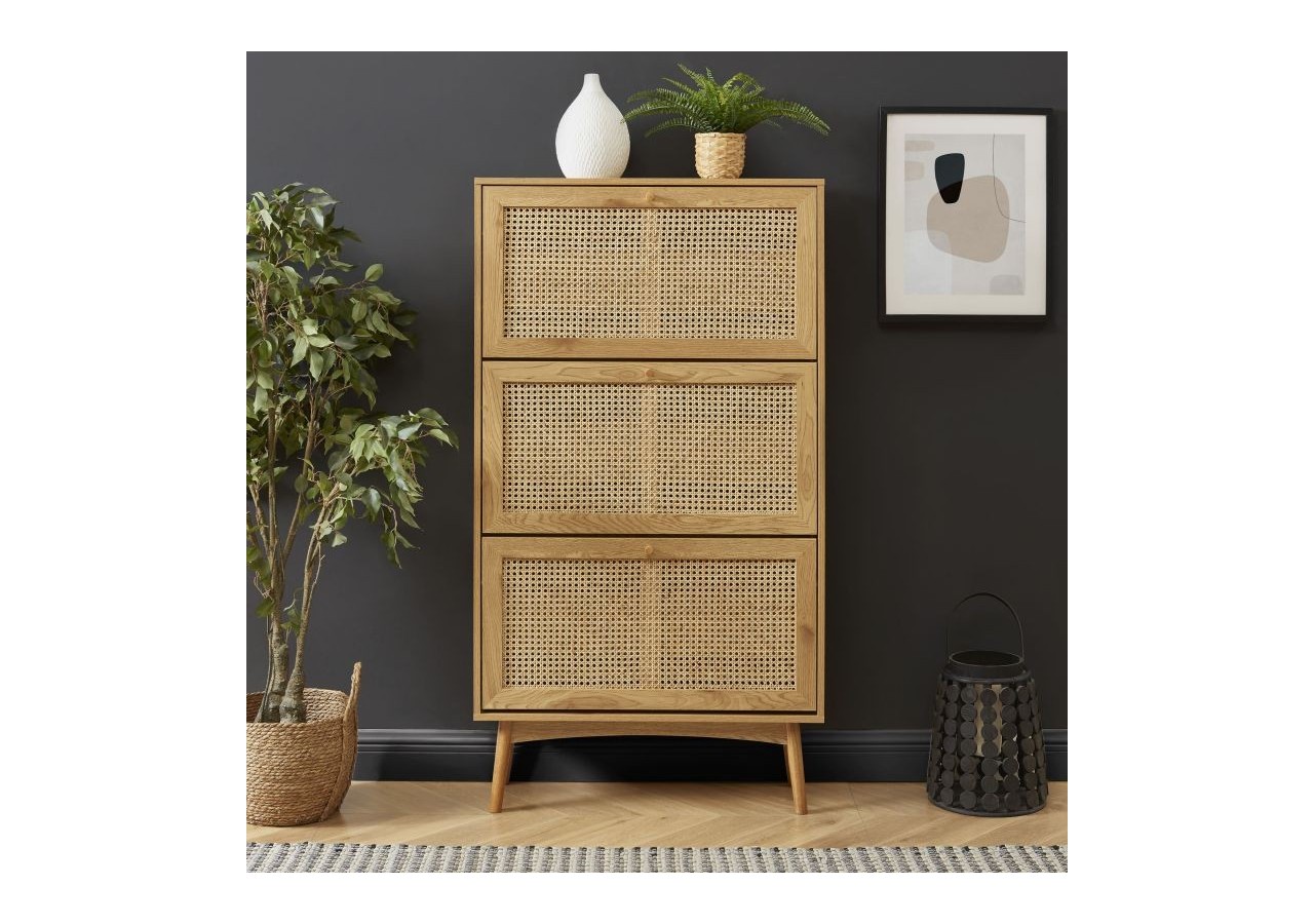 Meuble à chaussures INES effet chêne et cannage rotin