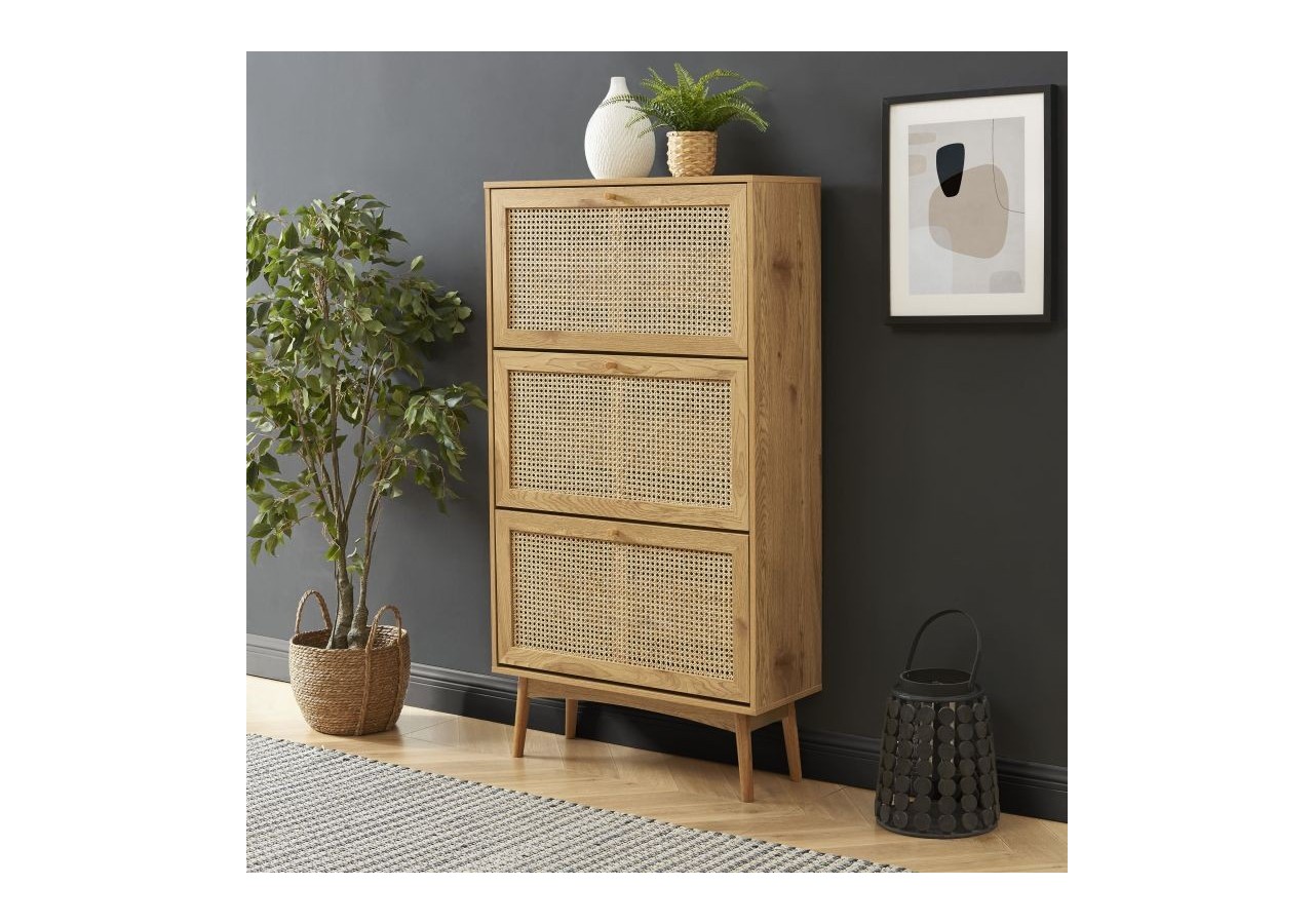 Meuble à chaussures INES effet chêne et cannage rotin