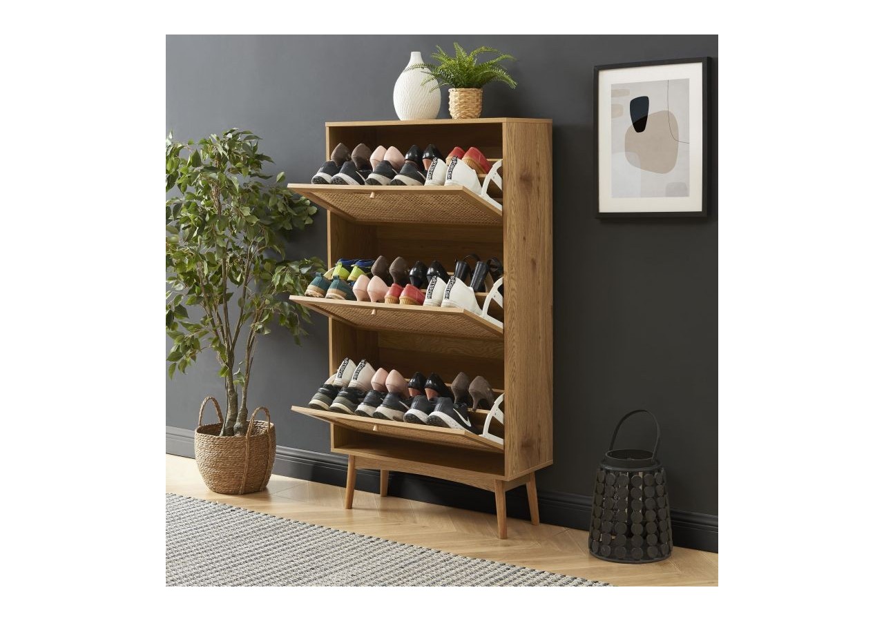 Meuble à chaussures INES effet chêne et cannage rotin