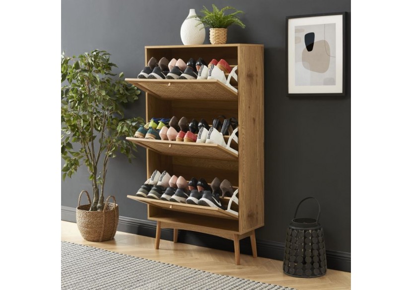 Meuble à chaussures INES effet chêne et cannage rotin