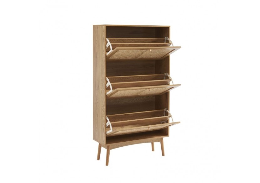 Meuble à chaussures INES effet chêne et cannage rotin