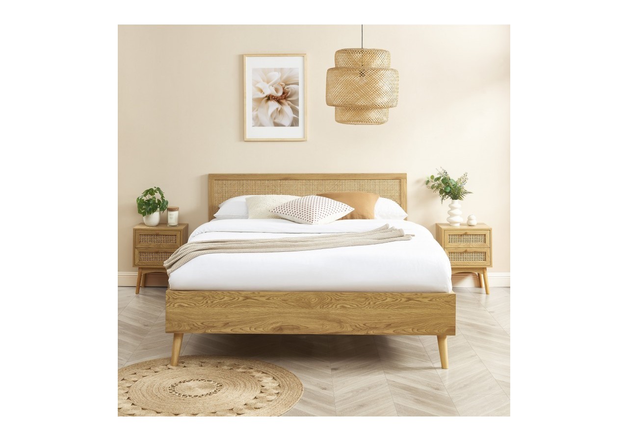 Lit double INES cannage rotin 140x190 sommier inclus