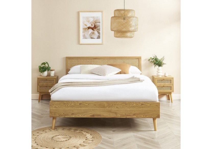 Lit double INES cannage rotin 140x190 sommier inclus