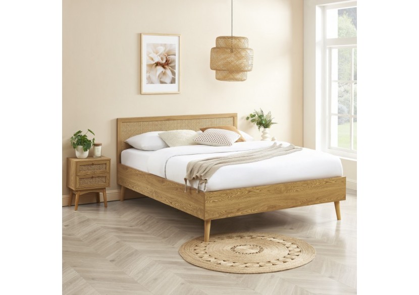 Lit double INES cannage rotin 140x190 sommier inclus