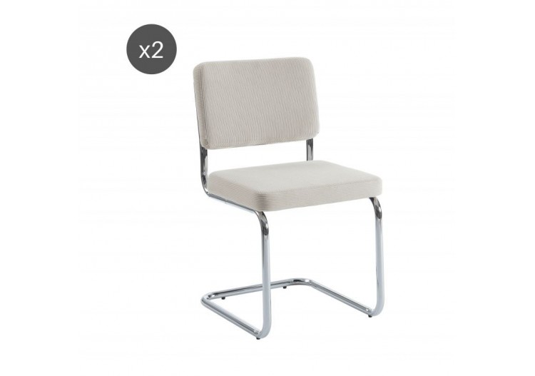 Lot de 2 chaises JACK velours côtelé écru pieds métal chromé