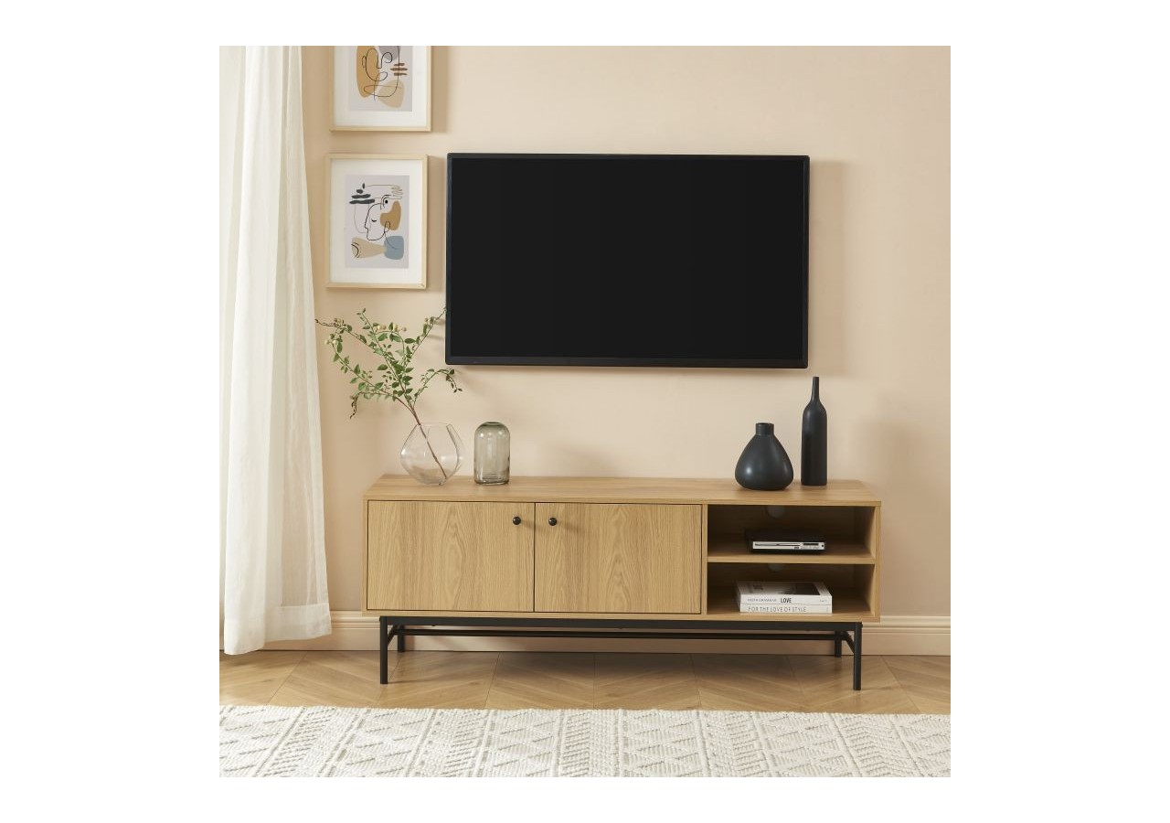 Meuble tv JAMES effet chêne pieds métal noir 150cm