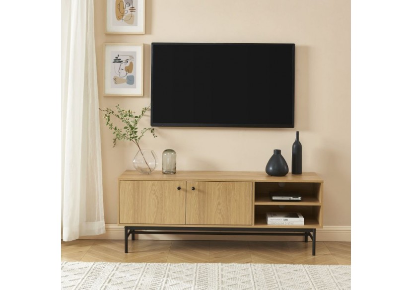 Meuble tv JAMES effet chêne pieds métal noir 150cm