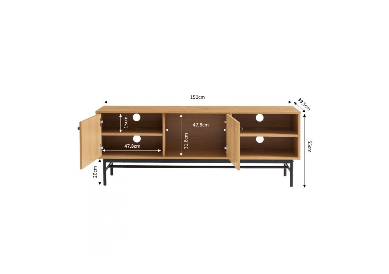 Meuble tv JAMES effet chêne pieds métal noir 150cm