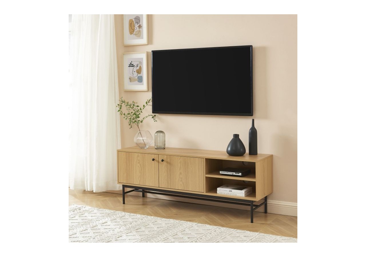 Meuble tv JAMES effet chêne pieds métal noir 150cm