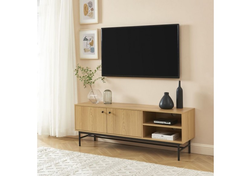 Meuble tv JAMES effet chêne pieds métal noir 150cm