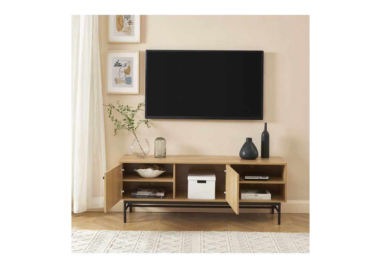 Meuble tv JAMES effet chêne pieds métal noir 150cm
