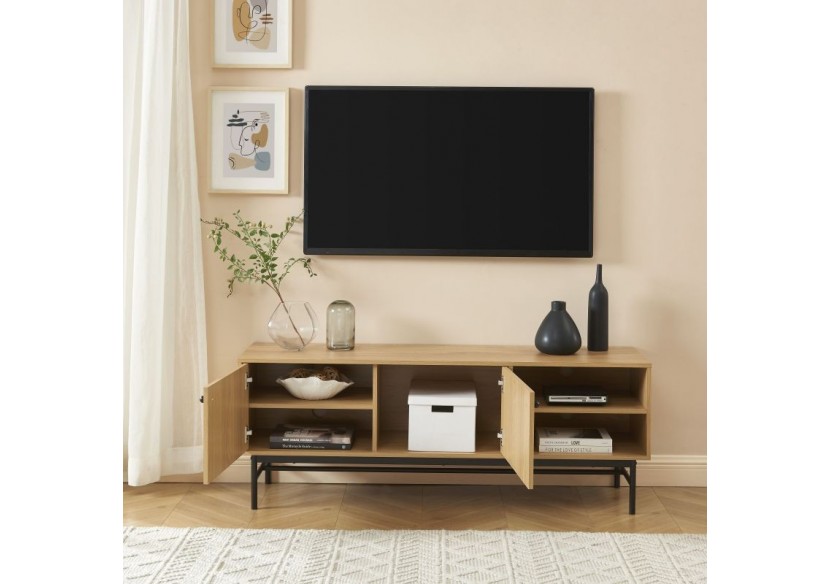 Meuble tv JAMES effet chêne pieds métal noir 150cm