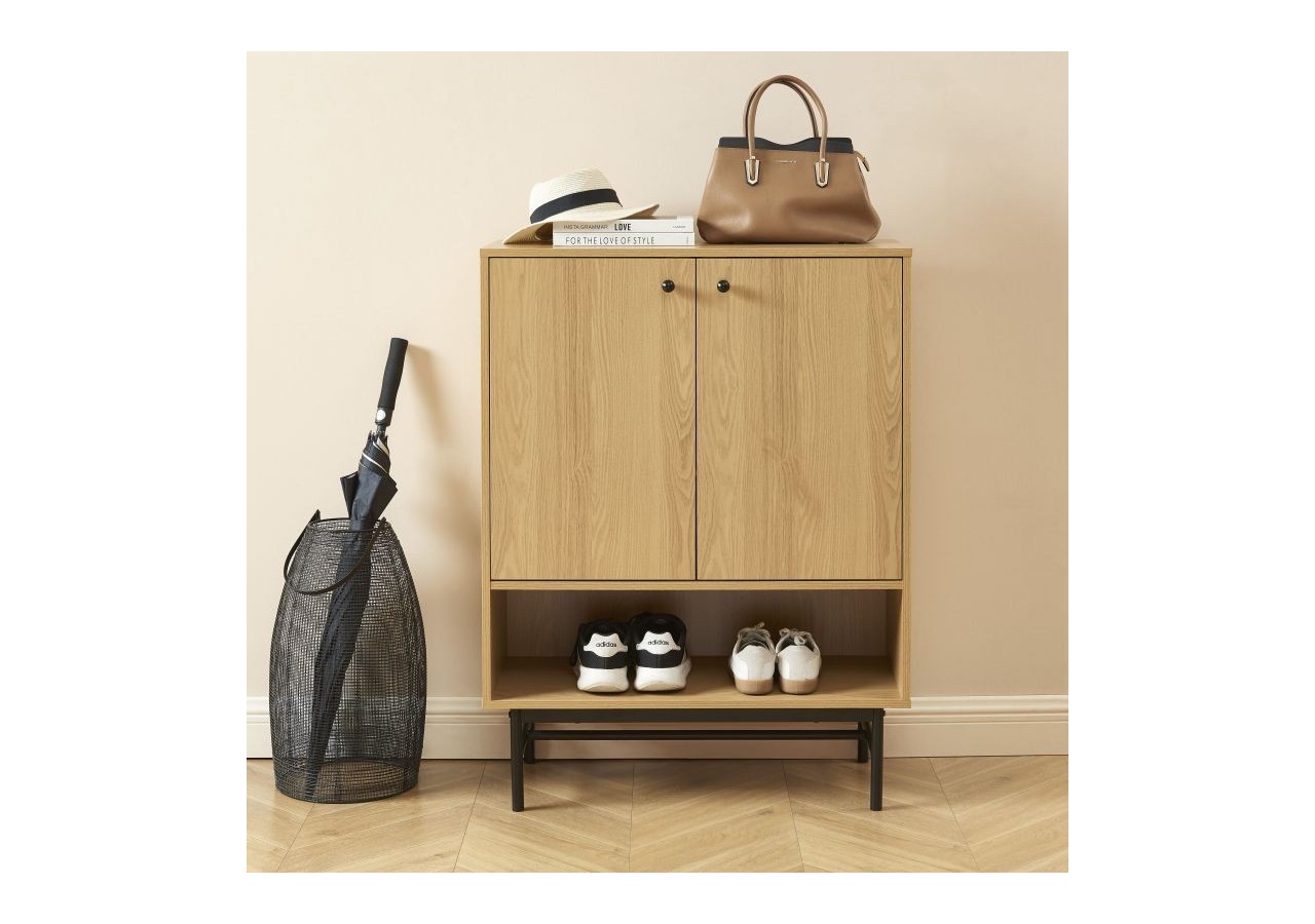 Meuble à chaussures JAMES effet chêne pieds métal noir 80cm