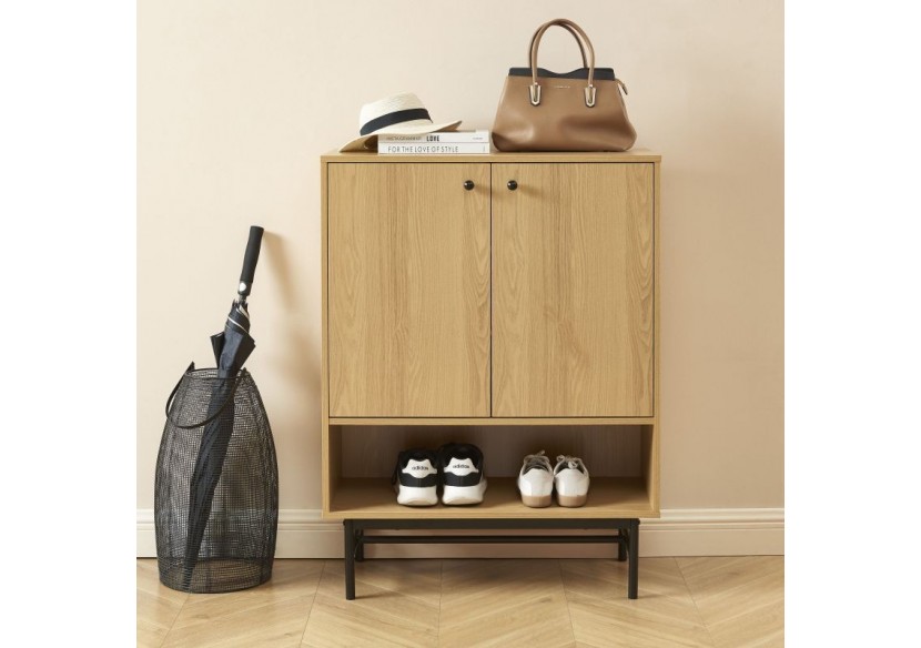 Meuble à chaussures JAMES effet chêne pieds métal noir 80cm