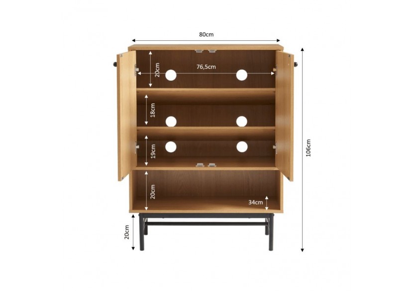 Meuble à chaussures JAMES effet chêne pieds métal noir 80cm