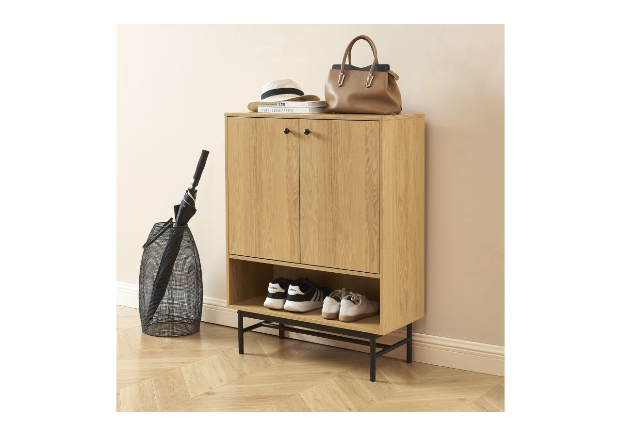 Meuble à chaussures JAMES effet chêne pieds métal noir 80cm
