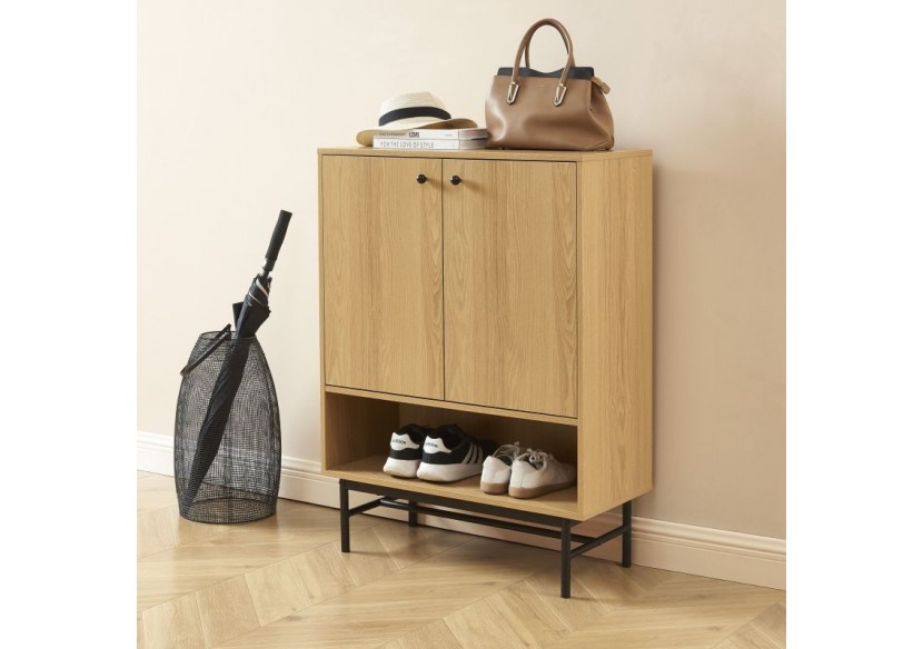 Meuble à chaussures JAMES effet chêne pieds métal noir 80cm