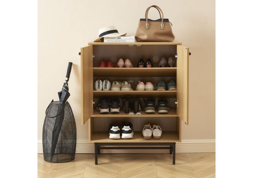 Meuble à chaussures JAMES effet chêne pieds métal noir 80cm