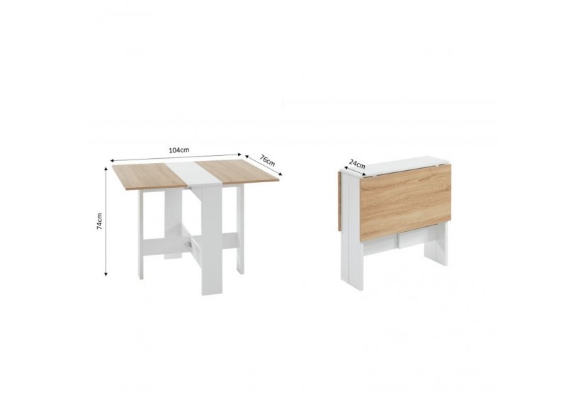 Table pliable JUNO blanc et effet chêne 104cm