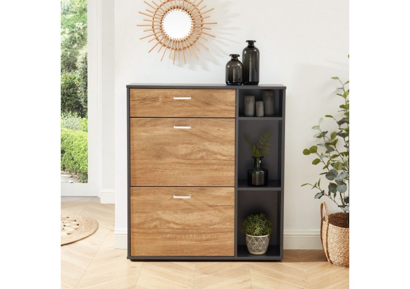 Meuble à chaussures LAZARE gris et effet bois 3 portes 90cm