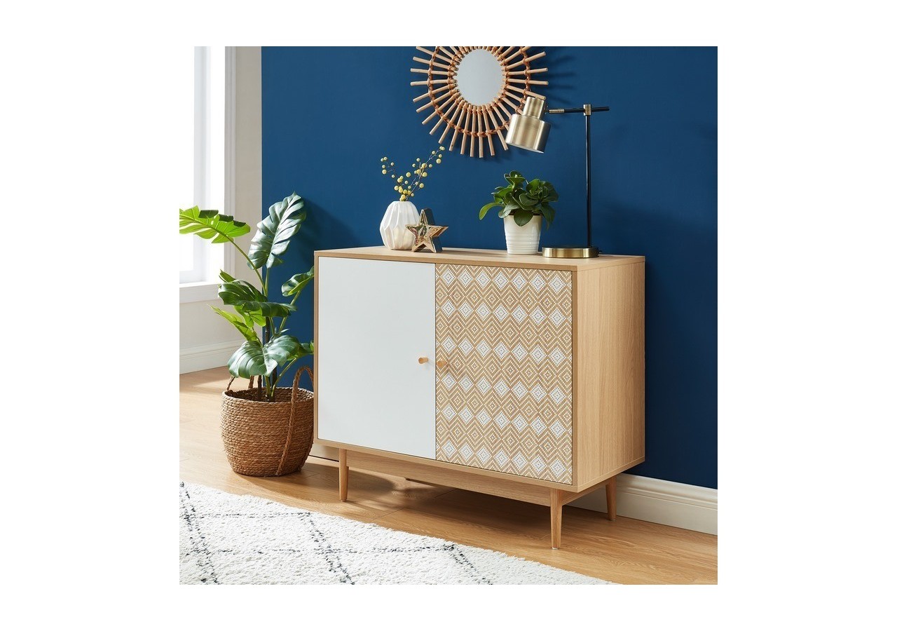 Buffet LEIKA blanc et effet chêne 2 portes 90cm