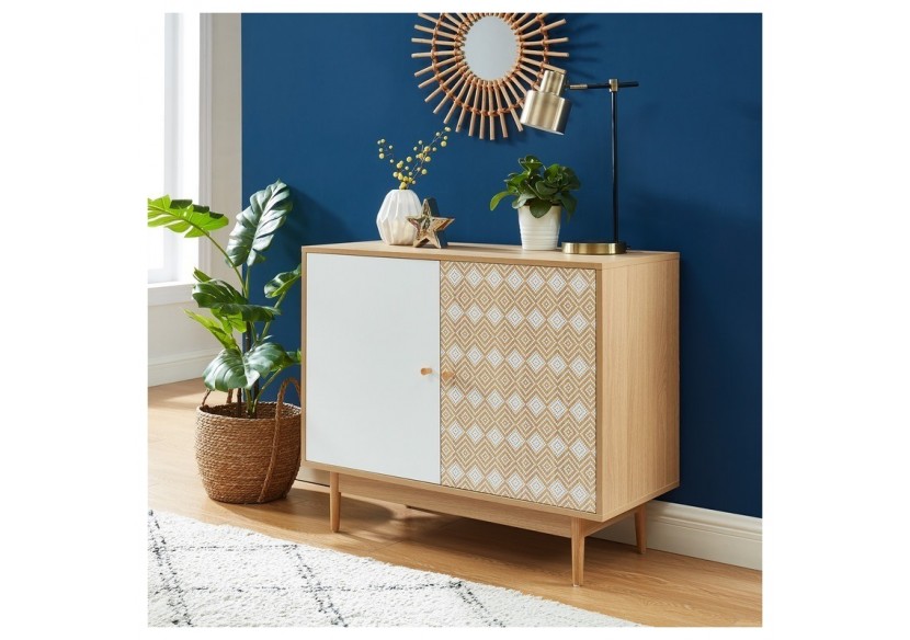 Buffet LEIKA blanc et effet chêne 2 portes 90cm