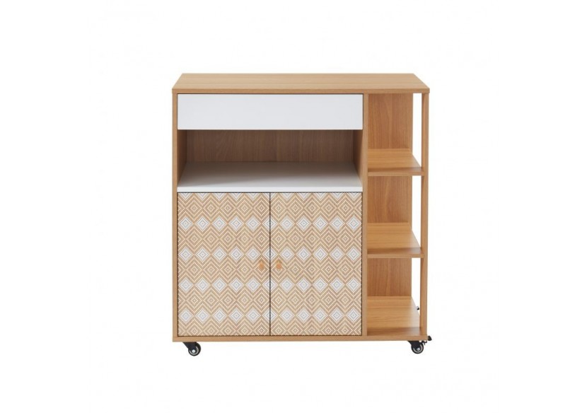 Desserte de cuisine LEIKA effet chêne et motifs blancs 80cm à roulette