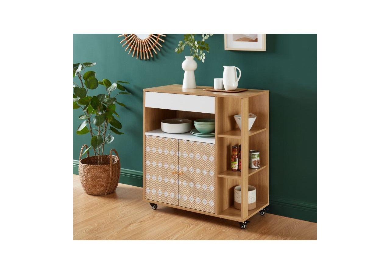 Desserte de cuisine LEIKA effet chêne et motifs blancs 80cm à roulette